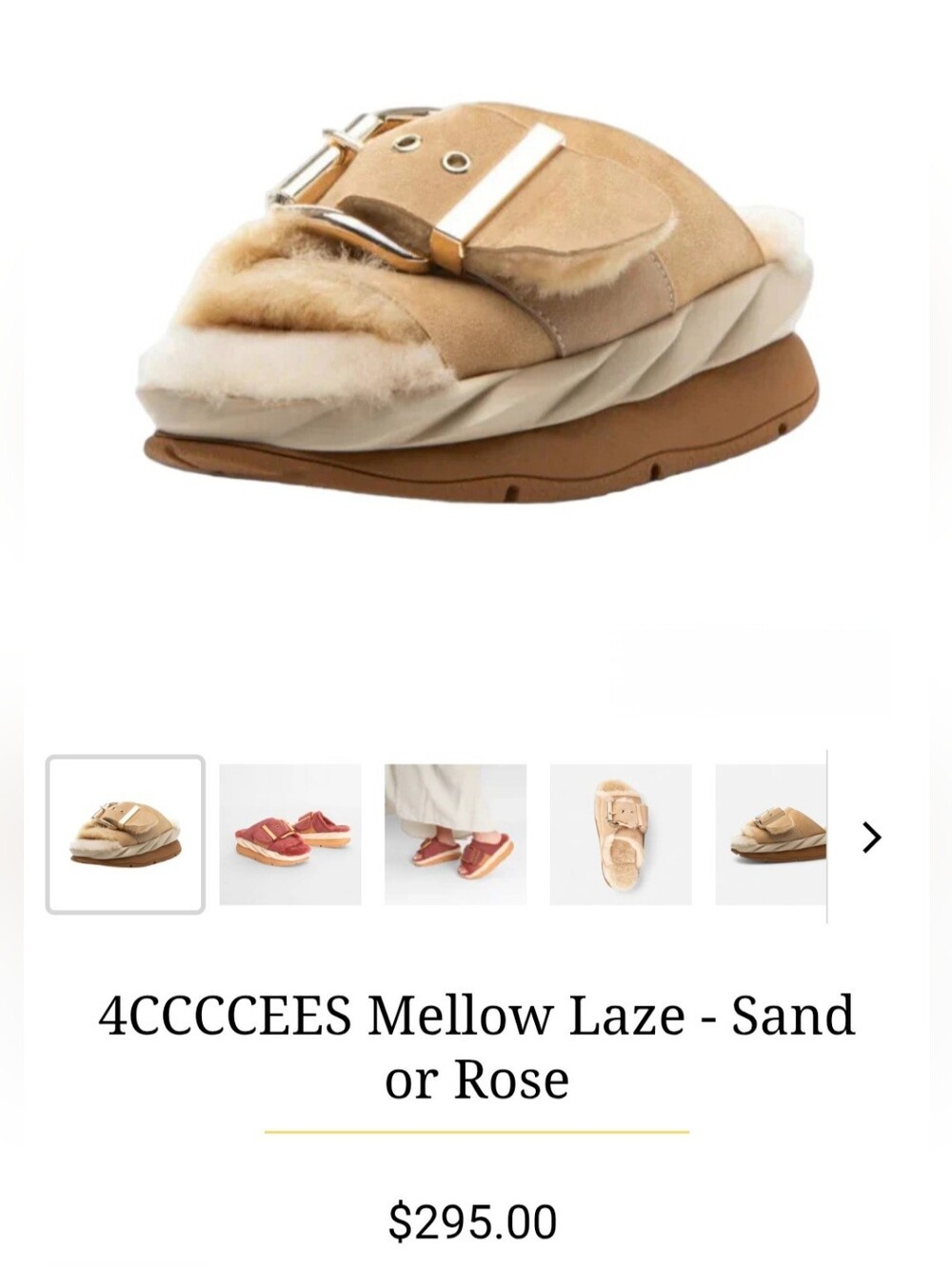 4CCCCees Shearling Mellow Laze Slide Sandals with Gold Buckle - Beige Sz 39